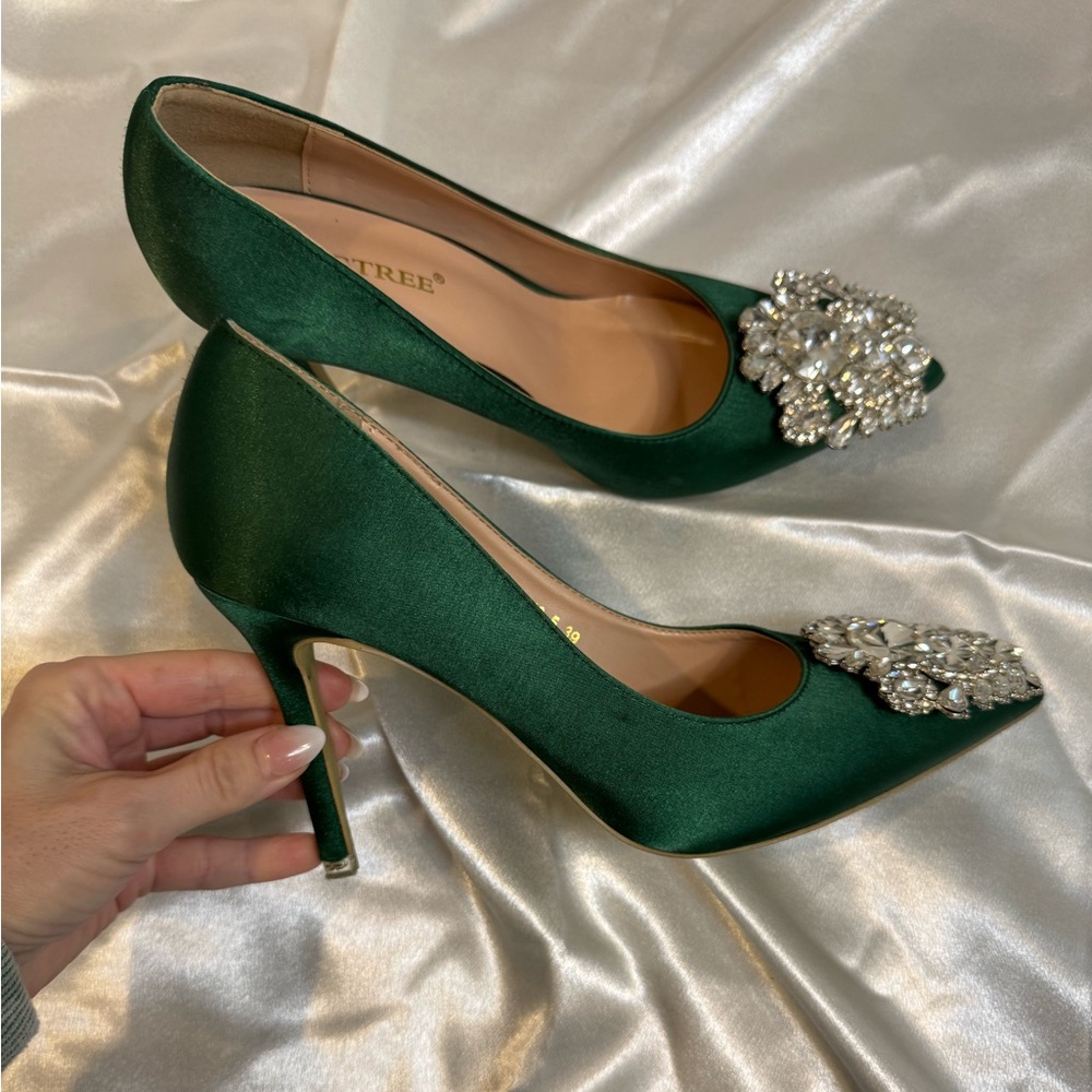 Satin green Stiletto heels 3.9 inches size 7.5 Rhinestone - Picture 6 of 7